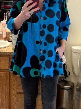 Adverb Teal Button-Up Shirt with Black Polka Dots
